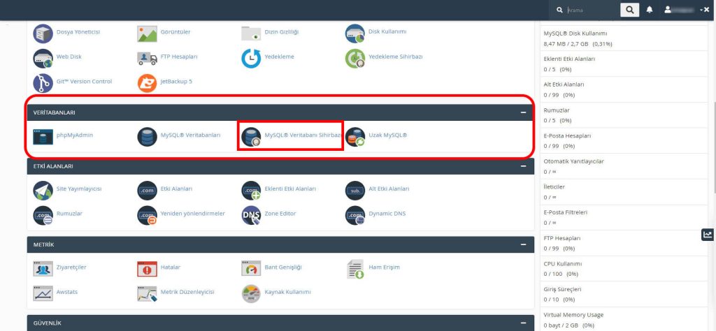 Cpanel veritabanları sihirbazı