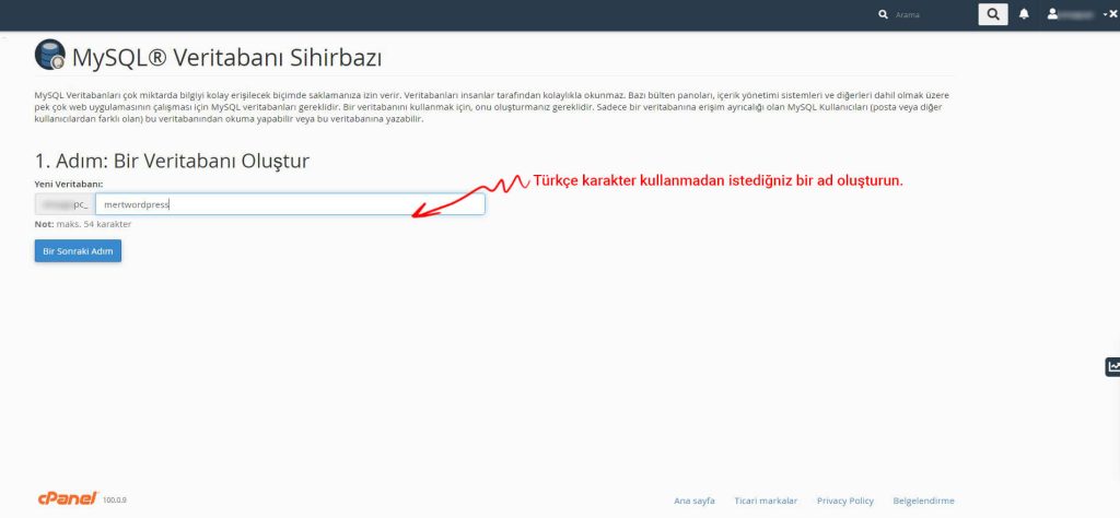 wordpress veri tabanı oluştur