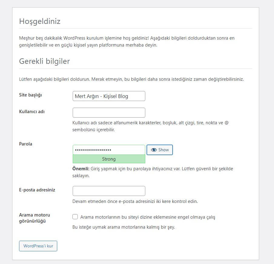 wordpress kurulum formu